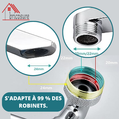 Robinet Magic pivotant à 1080° INOX avec filtre anti-éclaboussures